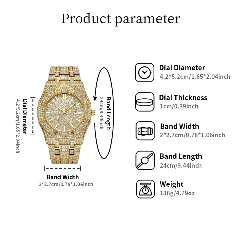 Luxury Rhinestone Embellished Watch, Classic Round Dial Quartz Watch, Fashion Timeless Classic Timepiece, Holiday Haul Flash Sale for Men, Shine at Work Lead with Brilliance