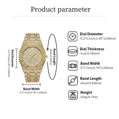 Luxury Rhinestone Embellished Watch, Classic Round Dial Quartz Watch, Fashion Timeless Classic Timepiece, Holiday Haul Flash Sale for Men, Shine at Work Lead with Brilliance