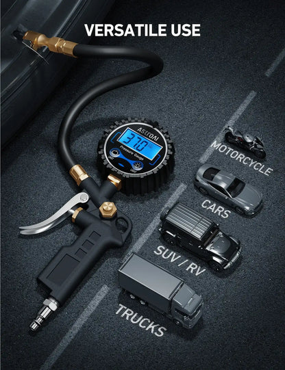 Digital Tire Pressure Gauge with Inflator 250 PSI Air Chuck & Compressor Accessories Accuracy Measurement Durable Brass Components Automotive Vehicle Tool