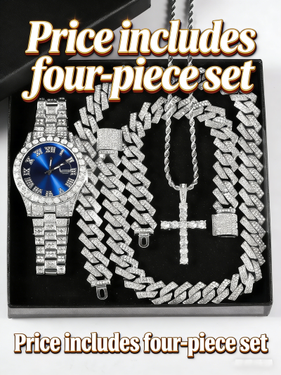 Luxury Punk Watch Set with Necklace Bracelet Cross Pendant, Analog Quartz Movement, Adjustable Strap, Unisex Gift Box for All Seasons, Fashionable Jewelry Set