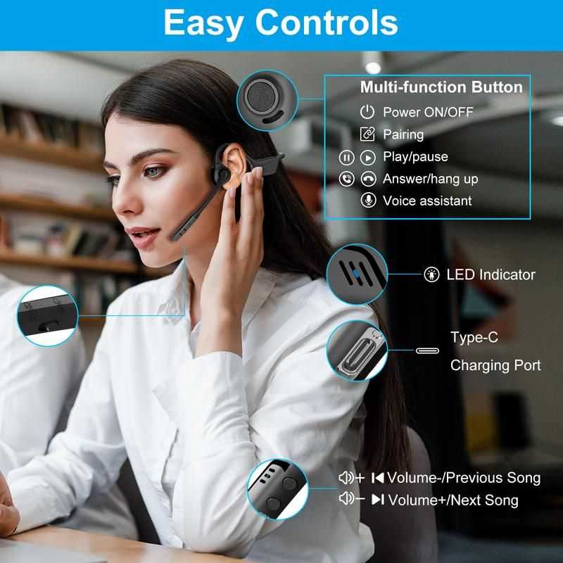 2B2C LK02 Bluetooth Air Conduction Headset with Mic, For Trucker Drivers, Open Ear Wireless Headphones with Bluetooth 5.1/Mute Function/aptX-HD/LL, for Online Meeting/Online Teaching/Office Home Business/Driving