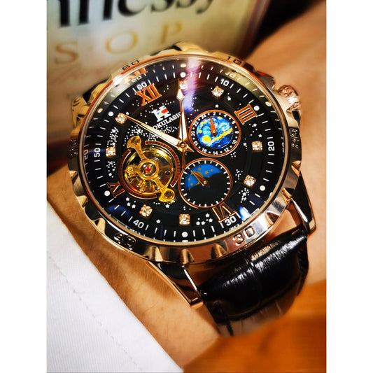 Men's Luxury Mechanical Stainless Steel Watch, Rose Case, Moon Phase Display, Glow-In-The-Dark Hands, Dial, Rhinestone Decorations