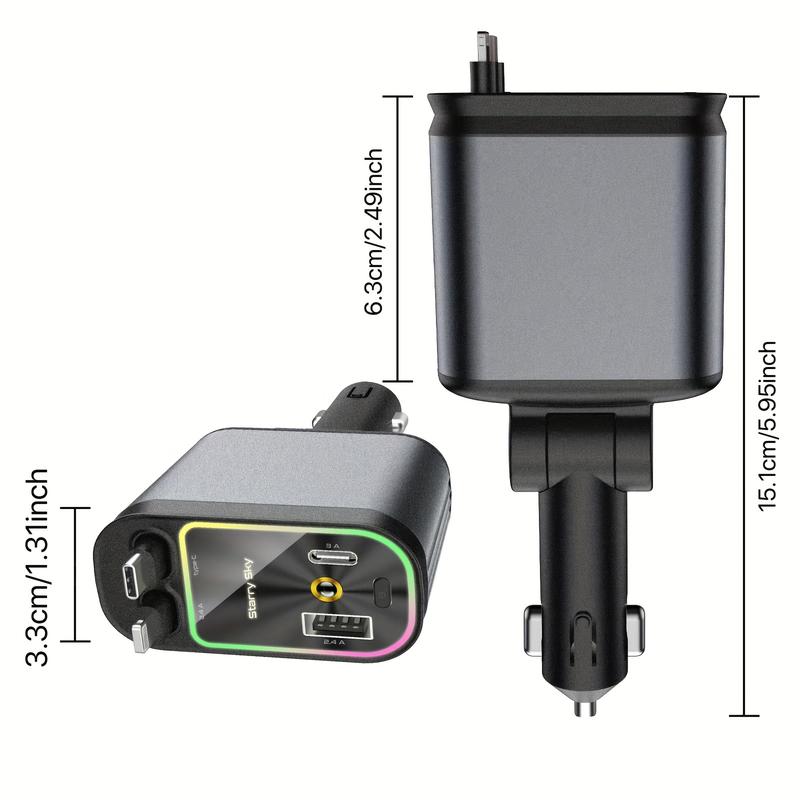 Car Roof Super Fast Retractable Car Charger with Anti-Tangle Retractable Cables, Dual Charge Port，Starlight In Roof Fast Charging Adapter -Automotive car charger starlight led charger