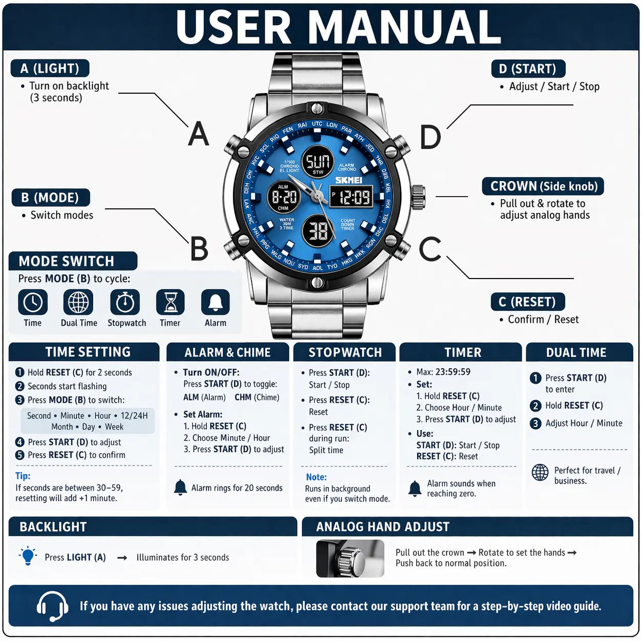 SKMEI Fashion Multi functional Sports Men's Watch, 48Mm Metal Case with 3 Time Zone Night Light 30M Waterproof Stainless Steel Strap, Dual Time Display, Timer, Calendar, Alarm Clock Function Watch Wristwatch