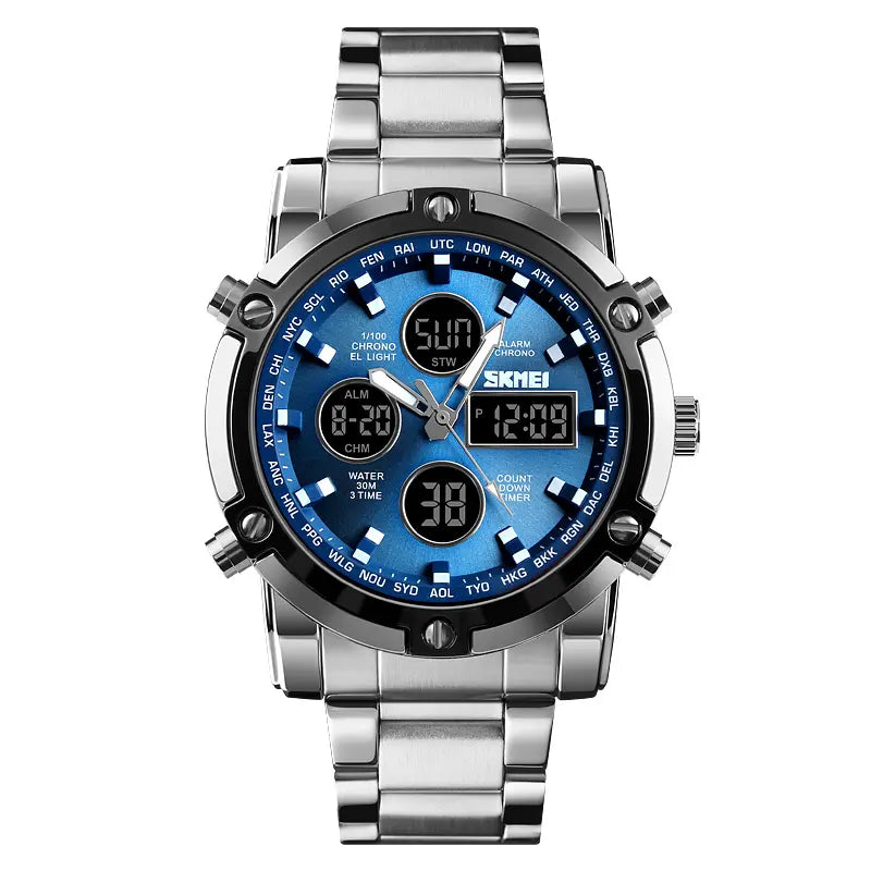 Fashion Multi functional Sports Men's Watch, 48Mm Metal Case with 3 Time Zone Night Light 30M Waterproof Stainless Steel Strap, Dual Time Display, Timer, Calendar, Alarm Clock Function Watch Wristwatch