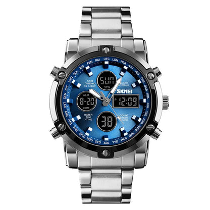 Fashion Multi functional Sports Men's Watch, 48Mm Metal Case with 3 Time Zone Night Light 30M Waterproof Stainless Steel Strap, Dual Time Display, Timer, Calendar, Alarm Clock Function Watch Wristwatch