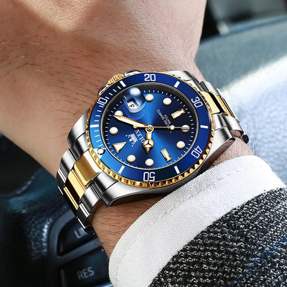 Men's Luxury Dress Watch Blue Dial 40mm Stainless Steel Band Rotating Quartz Analog Waterproof Luminous Big Face Boss Wrist Watch