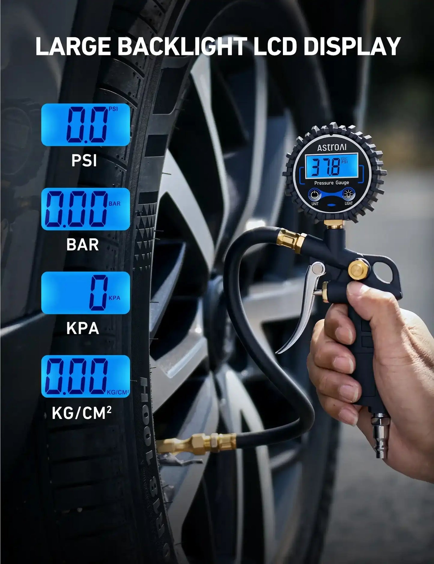 Digital Tire Pressure Gauge with Inflator 250 PSI Air Chuck & Compressor Accessories Accuracy Measurement Durable Brass Components Automotive Vehicle Tool