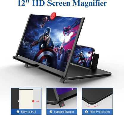 12" Screen Magnifier,3D HD Mobile Phone Magnifier Projector Screen Enlarger for Movies, Videos, and Gaming,Foldable Cell Phone Stand with Screen Amplifier,Supports All Smartphones (Black, 12inch)