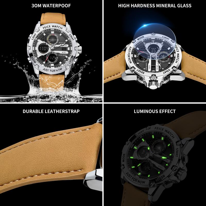 Men's luxury business fashion watch, with a luminous elegant dial, waterproof sports watch - Black and silver gift set Chronograph Leather Style Fashionable Wristwatch