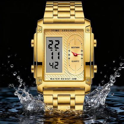 Men's square creative dual-movement multifunctional sports watch, featuring a luxurious triple-time design, water resistance, luminous dial, Exuding a minimalist aesthetic, it is elegant, durable, and the perfect choice for everyday wear. digital quart