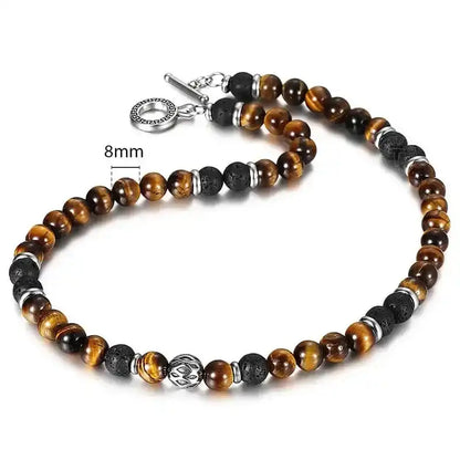 Men's 8mm Natural Tiger Eye Lava Bead Necklace Stainless Steel Toggle 18/20/24" fathersdaygifts Black Onyx