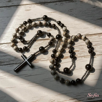 Natural Obsidian  Rosary Necklace UV Reactive Protection Necklace Hematite Stone Cross Pendant Necklace Gift for her, gift for him