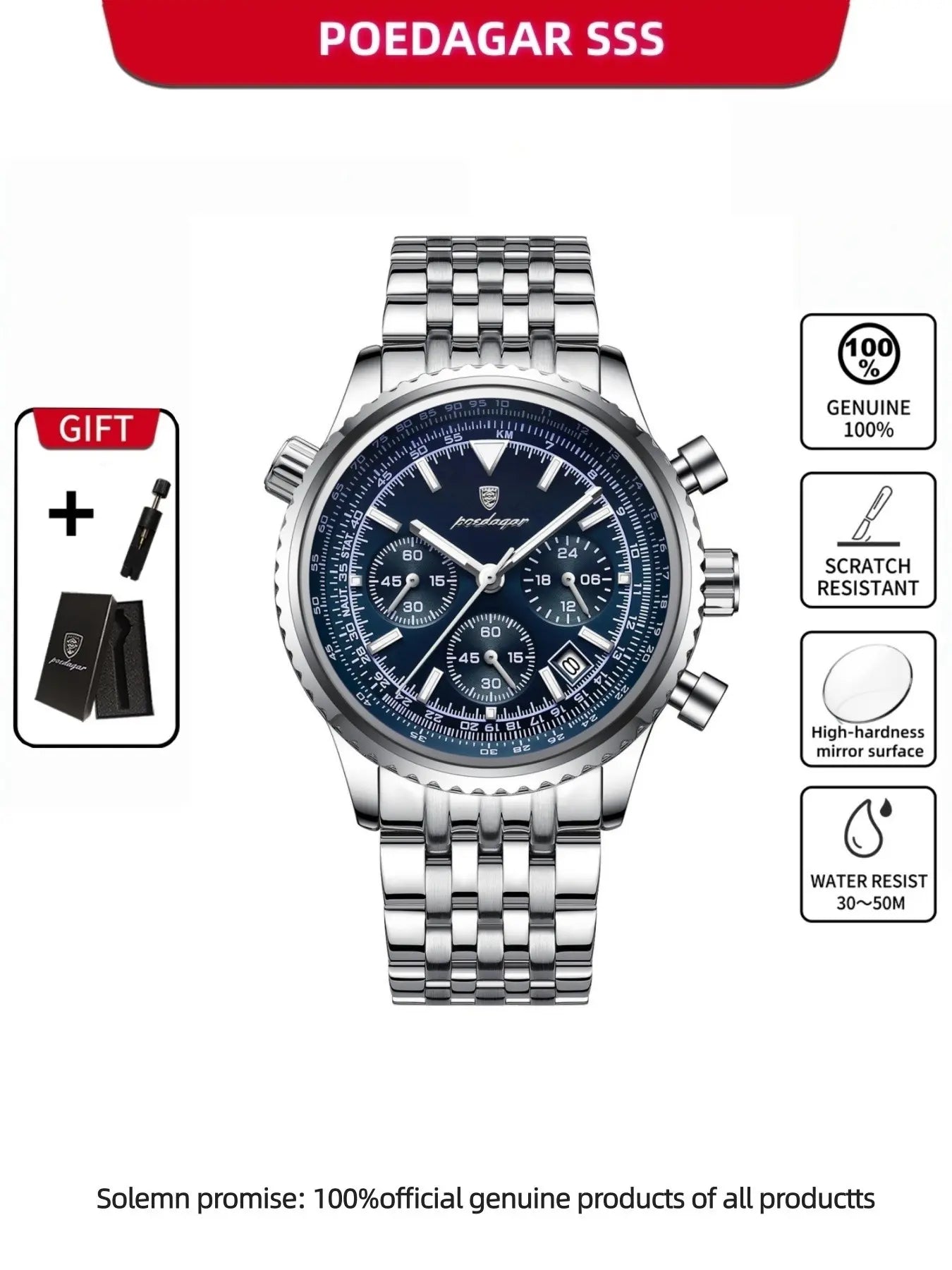 Business Fashion Round Dial Analog Quartz Watches for Men, Trendy Multifunctional Luminous Fashionable Watch, Waterproof Luminous Date Chronograph Watch, Stainless Steel Wristwatch for Men Gifts, with Box