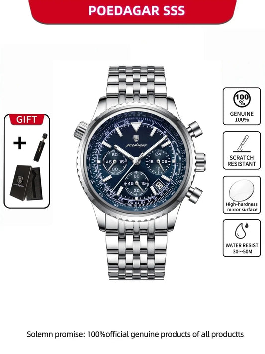 Business Fashion Round Dial Analog Quartz Watches for Men, Trendy Multifunctional Luminous Fashionable Watch, Waterproof Luminous Date Chronograph Watch, Stainless Steel Wristwatch for Men Gifts, with Box