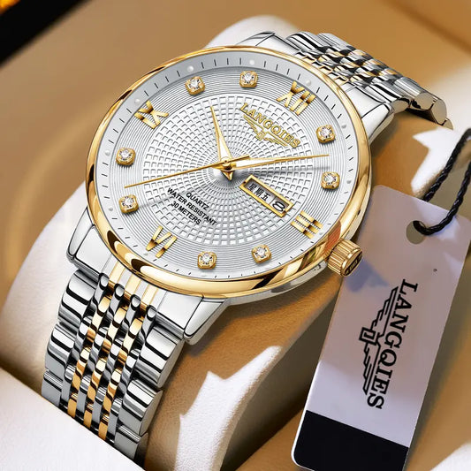 Elegant Multi-Function Men's Watch with Original Swiss Movement, featuring Dual Calendar, 42mm Dial, Sapphire Crystal, Stainless Steel Band, and Luminous Water-Resistant Design.