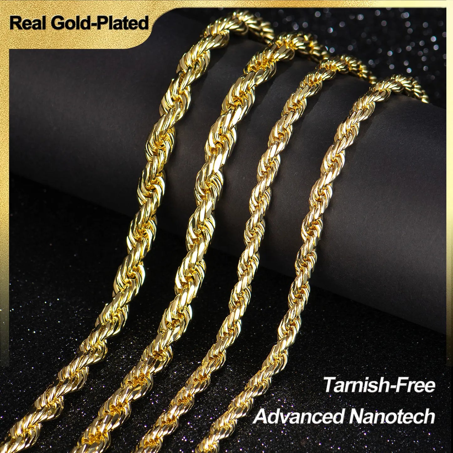 8mm Gold-Plated Rope Chain Necklace for Women and Men,Upgraded Shine, Faceted Cut, Tarnish-Free, Goldstone