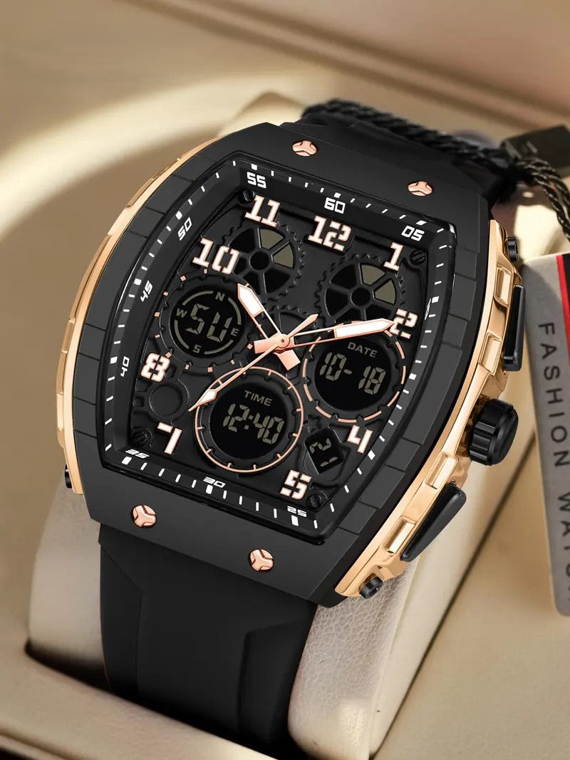 Men's Fashion Digital Analog Watch, Casual Sporty Quartz Digital Watch with Luminous Dial & Alarm Function, Waterproof Watch with Digital Display for Men with Box