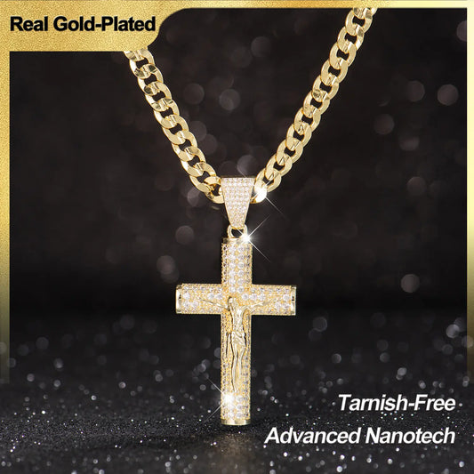 14k Real Gold-Plated Cuban , Figaro, Miami Cross with Jesus Christ Crucifix,24 inches Long and 6mm Wide,Handcrafted Polishing and Multiple Electroplating Daily Wear Necklace