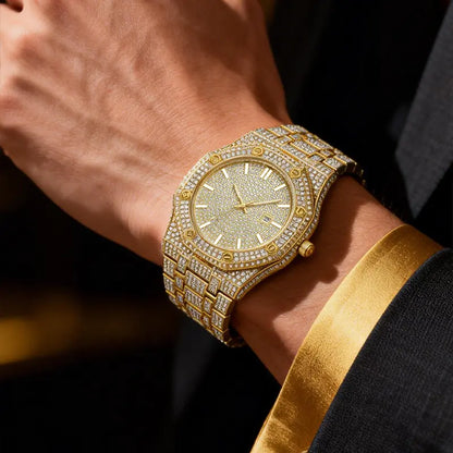 Luxury Rhinestone Embellished Watch, Classic Round Dial Quartz Watch, Fashion Timeless Classic Timepiece, Holiday Haul Flash Sale for Men, Shine at Work Lead with Brilliance