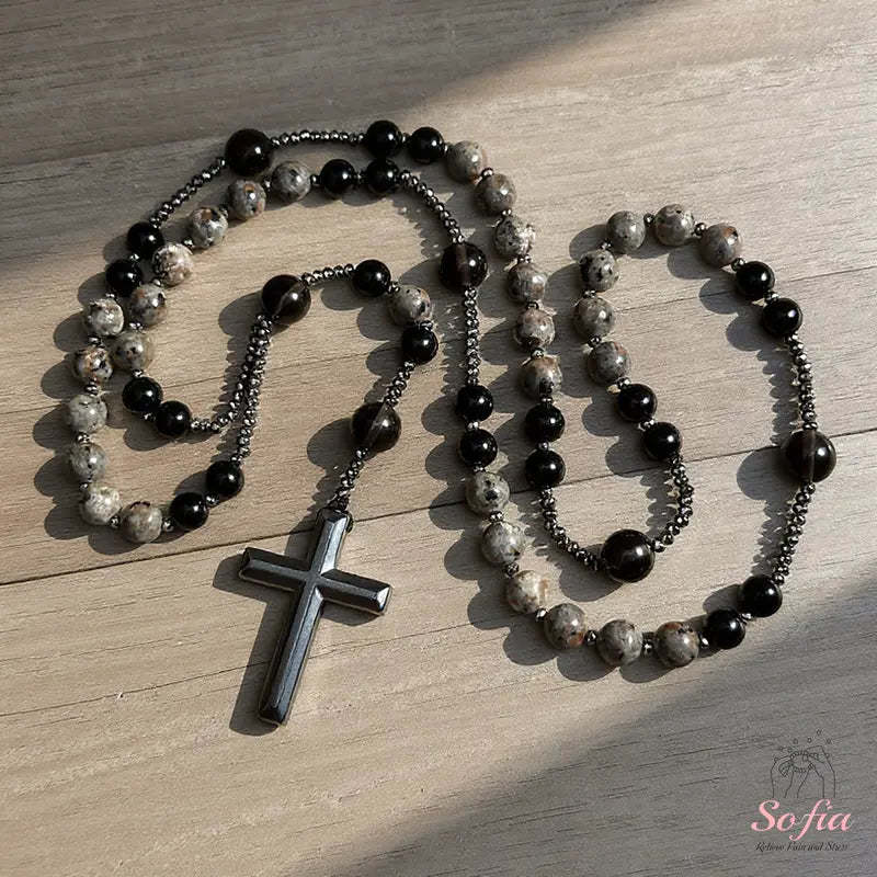 Natural Obsidian  Rosary Necklace UV Reactive Protection Necklace Hematite Stone Cross Pendant Necklace Gift for her, gift for him