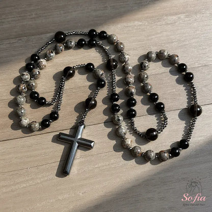 Natural Obsidian  Rosary Necklace UV Reactive Protection Necklace Hematite Stone Cross Pendant Necklace Gift for her, gift for him
