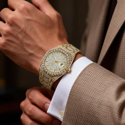 Luxury Rhinestone Embellished Watch, Classic Round Dial Quartz Watch, Fashion Timeless Classic Timepiece, Holiday Haul Flash Sale for Men, Shine at Work Lead with Brilliance