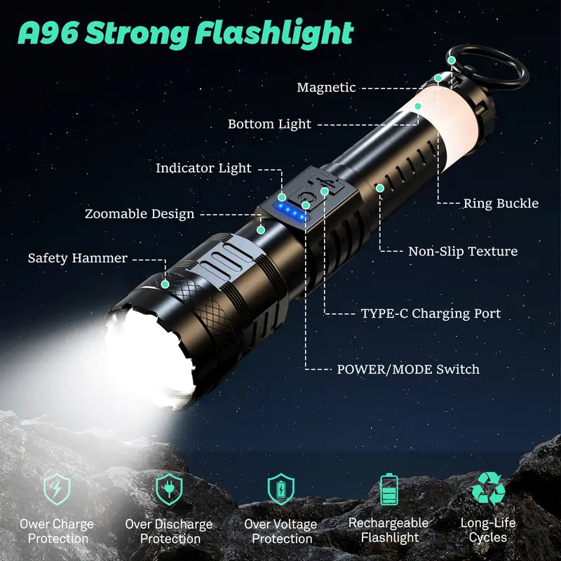 2025 Strong Flashlight, Rechargeable, Waterproof, Emergency Lighting, Red&Blue Alarm Lights, Camping Gadgets , for Fishing Garden Night Security Road Garage
