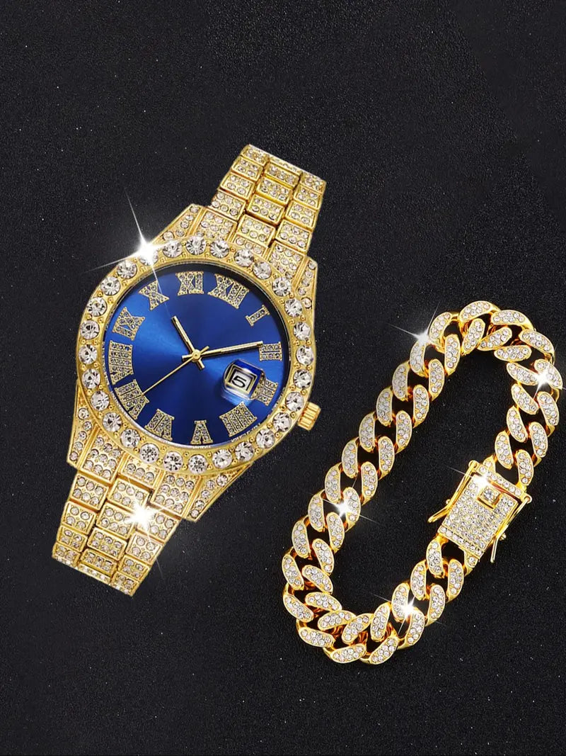 Men's Luxury Rhinestone Decorated Quartz Watch & Jewelry, Including Round Dial Watch, Bracelet, Necklace, and Cross Necklace, Fashion Watch Set for Parties and Daily Decor