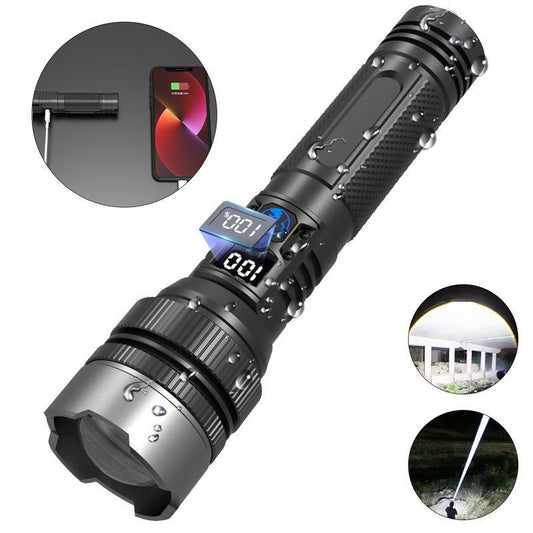 Strong Flashlight ，Digital display of power, Rechargeable，Zoomable, , X4Waterproof, Adjustable Brightness Flash Light for Outdoor, Emergency, Camping Accessories，Black
