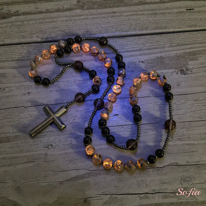 Natural Obsidian  Rosary Necklace UV Reactive Protection Necklace Hematite Stone Cross Pendant Necklace Gift for her, gift for him