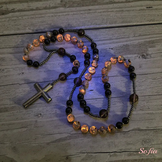 Natural Obsidian  Rosary Necklace UV Reactive Protection Necklace Hematite Stone Cross Pendant Necklace Gift for her, gift for him