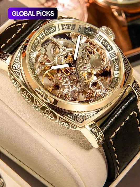 Business Fashion Round Dial Leather Strap Analog Mechanical Watch, Vintage All-match Buckle Automatic Wristwatch for Gift, Luminous Spring Pointer Design Watch with Box