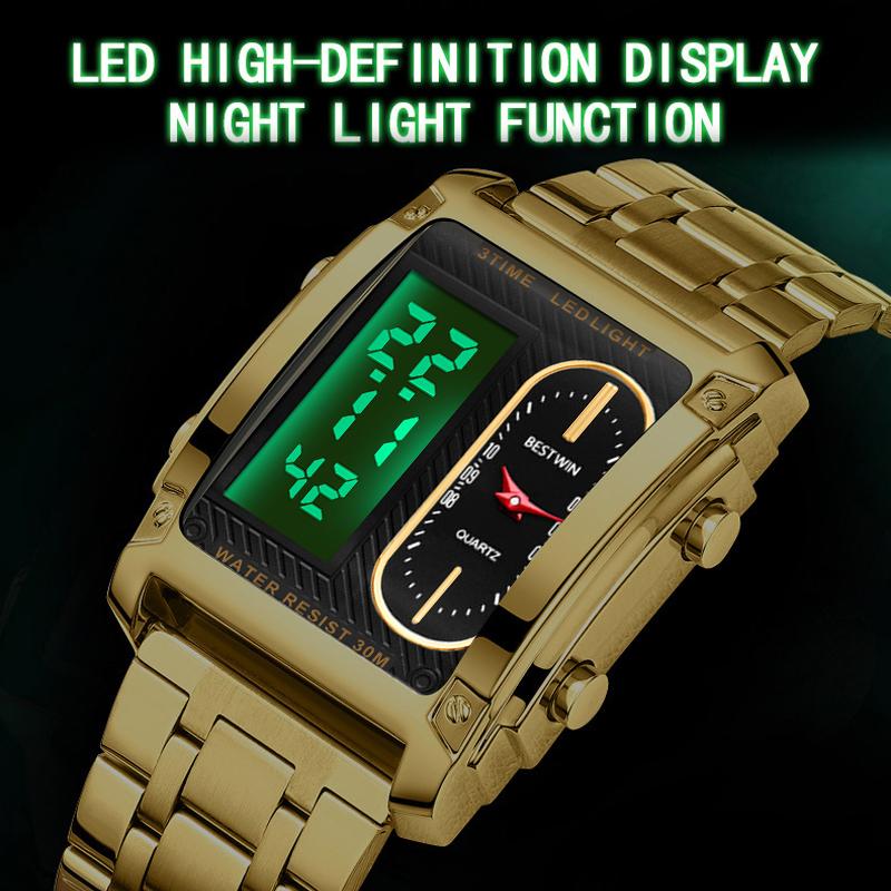 Men's square creative dual-movement multifunctional sports watch, featuring a luxurious triple-time design, water resistance, luminous dial, Exuding a minimalist aesthetic, it is elegant, durable, and the perfect choice for everyday wear. digital quart