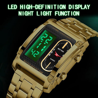 Men's square creative dual-movement multifunctional sports watch, featuring a luxurious triple-time design, water resistance, luminous dial, Exuding a minimalist aesthetic, it is elegant, durable, and the perfect choice for everyday wear. digital quart