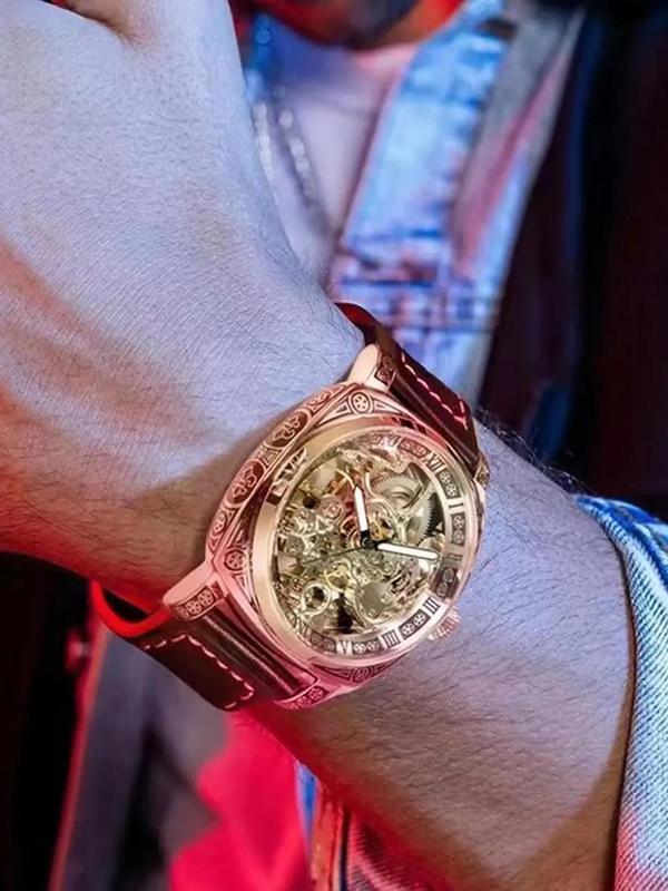 Business Fashion Round Dial Leather Strap Analog Mechanical Watch, Vintage All-match Buckle Automatic Wristwatch for Gift, Luminous Spring Pointer Design Watch with Box