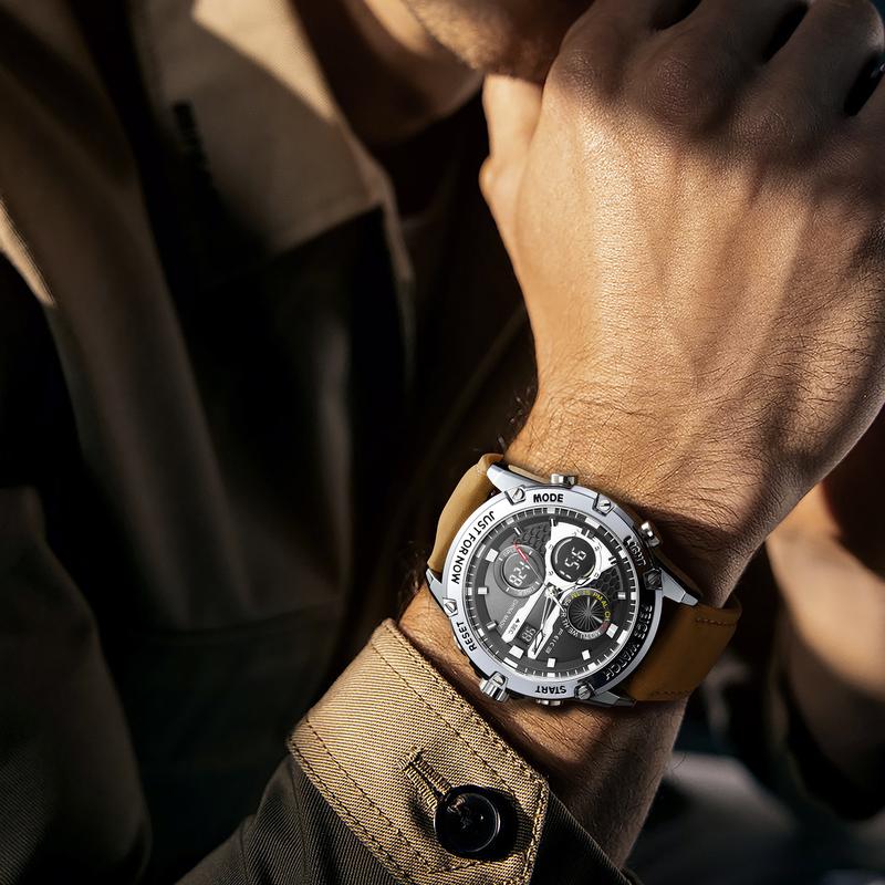Men's luxury business fashion watch, with a luminous elegant dial, waterproof sports watch - Black and silver gift set Chronograph Leather Style Fashionable Wristwatch