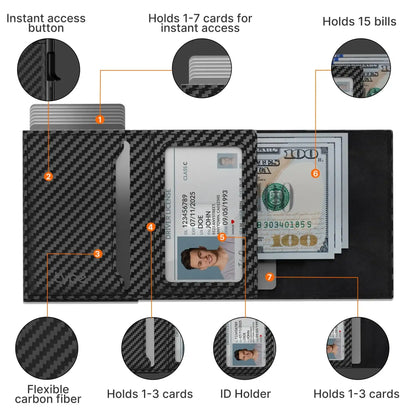 Mens Smart Wallet Card Holder for  Leather, RFID Blocking, Slim, Carbon Fiber, Minimalist - 6-9 Card Capacity | ID Window | Cash Slot