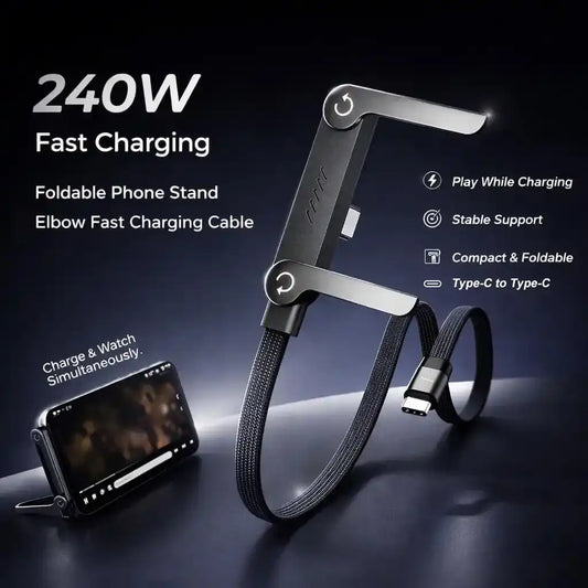 Invisible Stand Dual Type-C Charger Cable, 240W Super Fast Charging 2-in-1 Cord & Phone Holder, Both Ends Type-C for Gaming, Office, Car Travel – Black