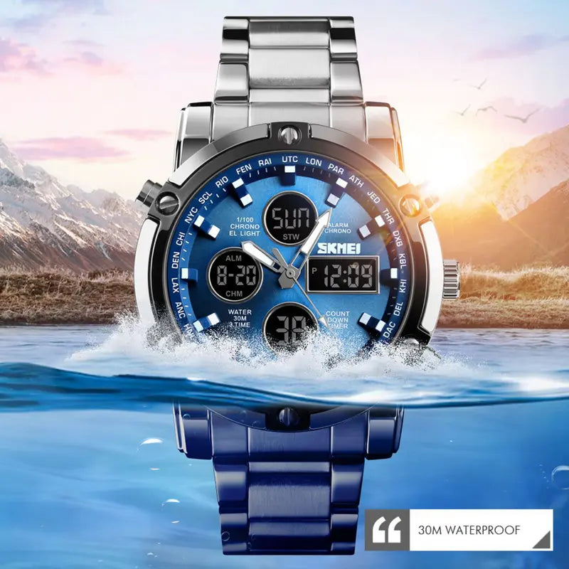 Fashion Multi functional Sports Men's Watch, 48Mm Metal Case with 3 Time Zone Night Light 30M Waterproof Stainless Steel Strap, Dual Time Display, Timer, Calendar, Alarm Clock Function Watch Wristwatch
