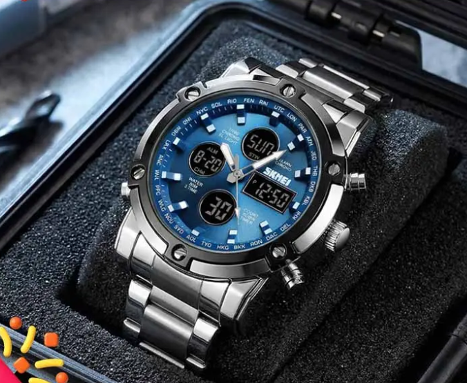 Fashion Multi functional Sports Men's Watch, 48Mm Metal Case with 3 Time Zone Night Light 30M Waterproof Stainless Steel Strap, Dual Time Display, Timer, Calendar, Alarm Clock Function Watch Wristwatch