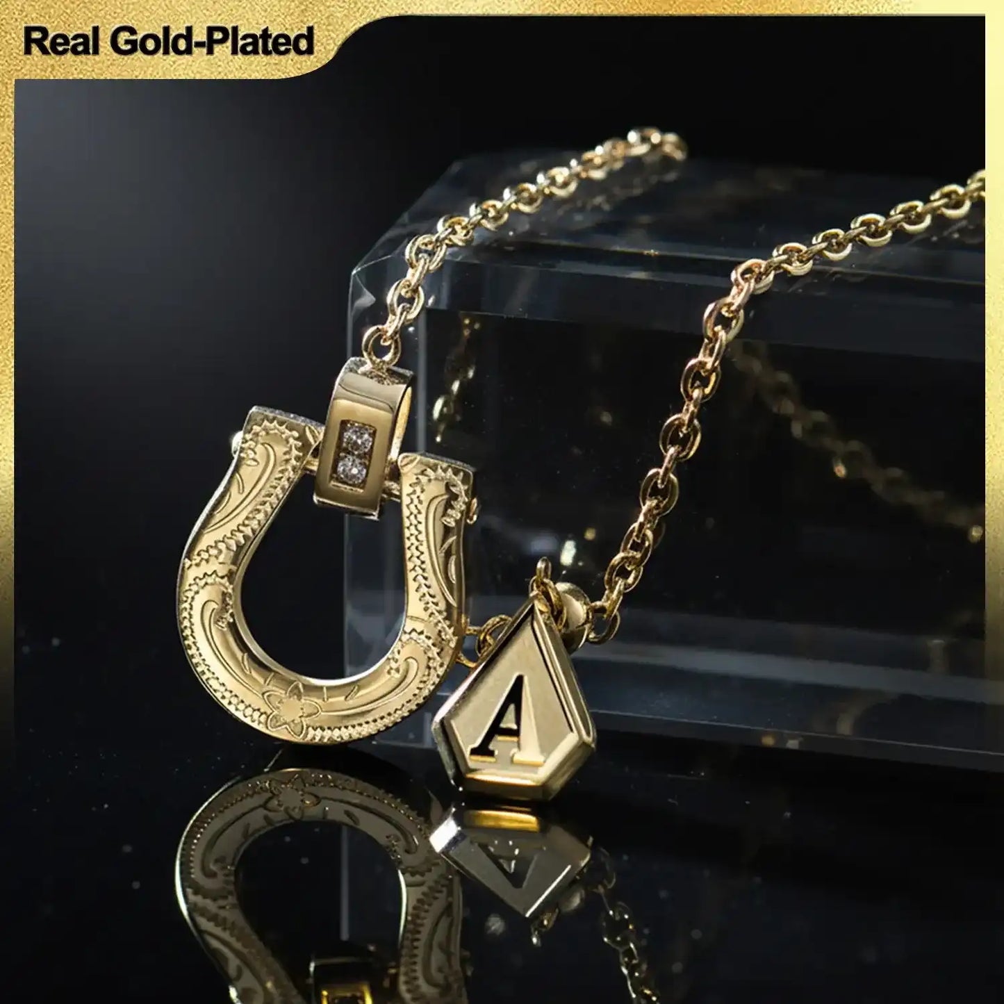 Plated Horseshoe Letter Pendant Necklace for Women, Western Cowgirl Lucky Charm Jewelry with Clear CZ Diamonds, Symbol of Good Luck & Protection