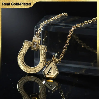 Plated Horseshoe Letter Pendant Necklace for Women, Western Cowgirl Lucky Charm Jewelry with Clear CZ Diamonds, Symbol of Good Luck & Protection