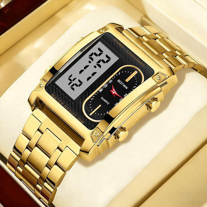 Men's square creative dual-movement multifunctional sports watch, featuring a luxurious triple-time design, water resistance, luminous dial, Exuding a minimalist aesthetic, it is elegant, durable, and the perfect choice for everyday wear. digital quart