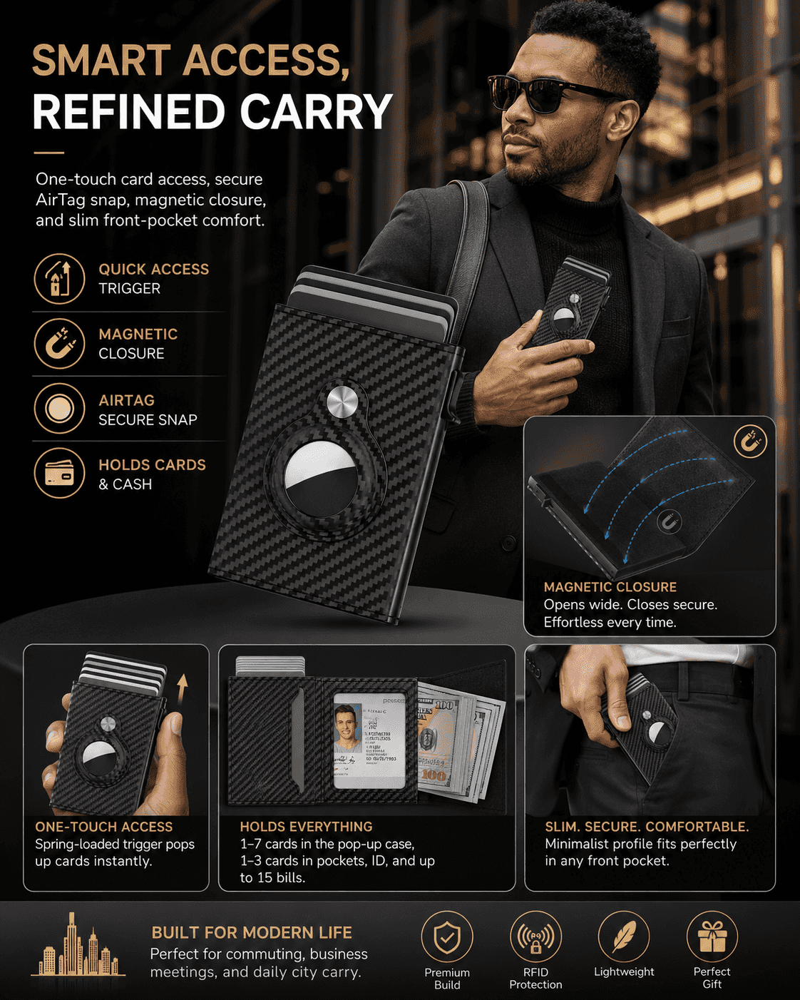 Mens Smart Wallet Card Holder for  Leather, RFID Blocking, Slim, Carbon Fiber, Minimalist - 6-9 Card Capacity | ID Window | Cash Slot