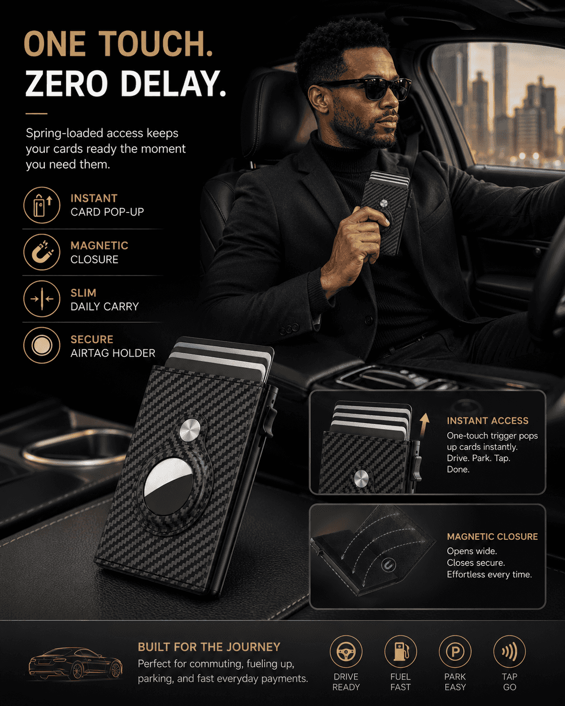 Mens Smart Wallet Card Holder for  Leather, RFID Blocking, Slim, Carbon Fiber, Minimalist - 6-9 Card Capacity | ID Window | Cash Slot