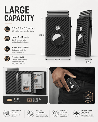 Mens Smart Wallet Card Holder for  Leather, RFID Blocking, Slim, Carbon Fiber, Minimalist - 6-9 Card Capacity | ID Window | Cash Slot