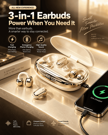 3-in-1 Black-GT699S Wireless Earbuds with Power Bank Case, 6 Pieces Including Sleep, In-Ear & Clip-On Styles, Waterproof Bluetooth Headphones, Reverse Phone Charging, Sleep Aid, Ideal for Sports, Compatible with Android & iOS