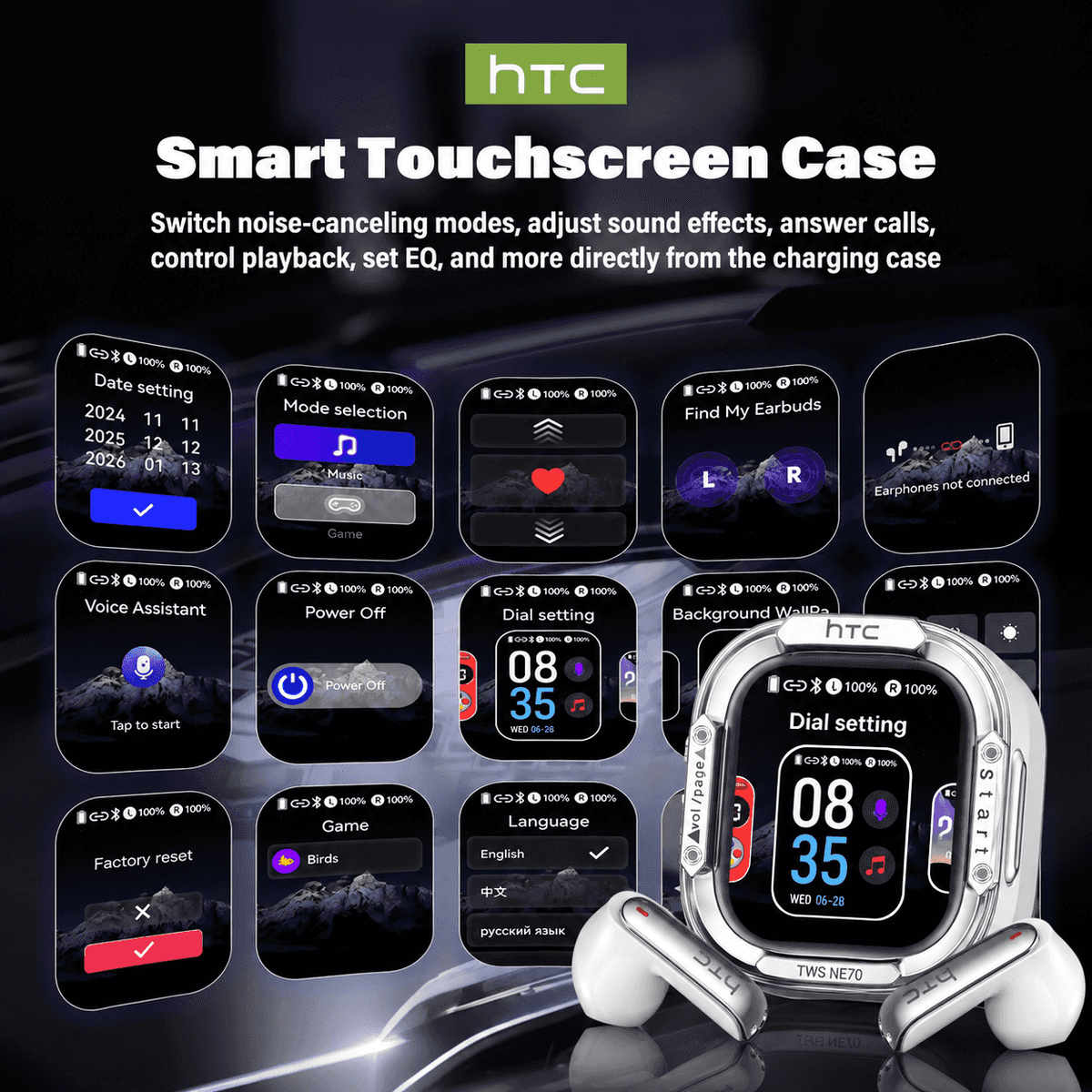 HTC NE70 TWS Wireless Earphones - Bluetooth 6.0 Gaming Bluetooth Earbuds, LED Touch Cues Smart Touch Control, Lightweight In-Ear Headset, IPX5 Waterproof, Built-In Voice Call Mic, Low Lag, Batteries, for Gaming, Sports