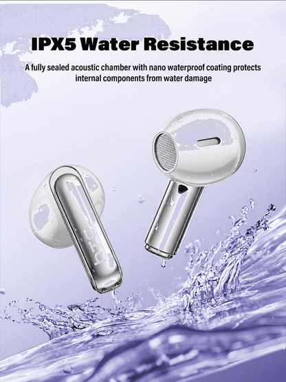 HTC NE70 TWS Wireless Earphones - Bluetooth 6.0 Gaming Bluetooth Earbuds, LED Touch Cues Smart Touch Control, Lightweight In-Ear Headset, IPX5 Waterproof, Built-In Voice Call Mic, Low Lag, Batteries, for Gaming, Sports